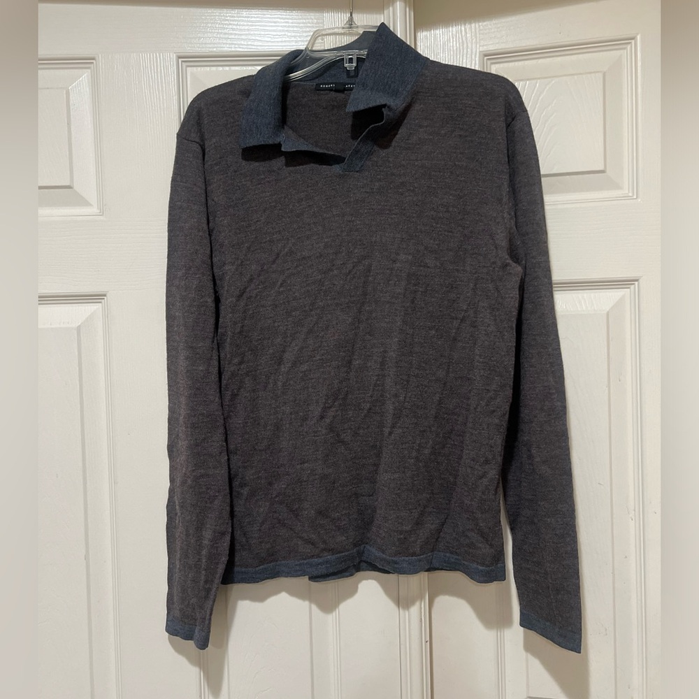 Robert Barakett Men Medium Gray Blue Collar Merino Wool Polo Shirt Long Sleeve